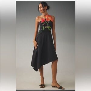 Yukiko Noritake x Anthropologie Asymmetric Floral Midi Dress Black